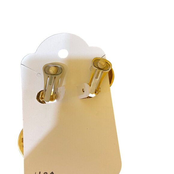 2" x 7/8" Vintage Gold-Tone Clip-On Earrings With Faux Pearls & Abstract Design - Picture 2 of 10